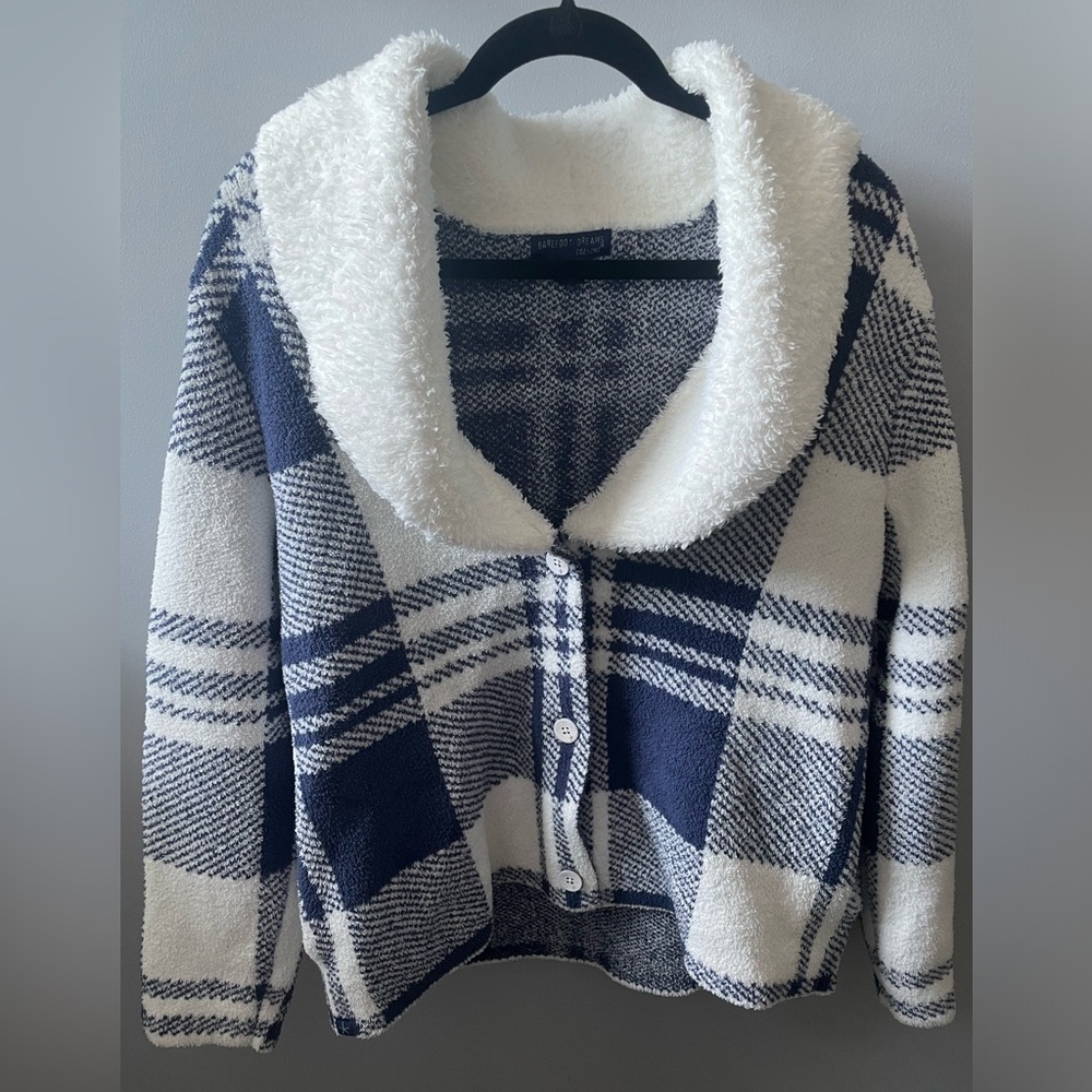 Barefoot Dreams CozyChic Faux-Shearling Cardi in White/Navy Classic Plaid